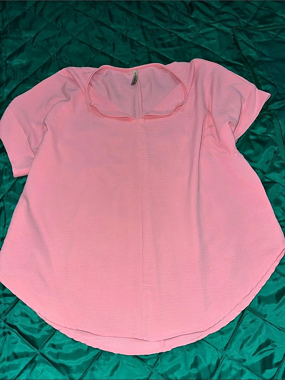 ZENANA Pink Crinkle Split Neck Short Sleeve 9Blouse Top Short Sleeve Top in Pink